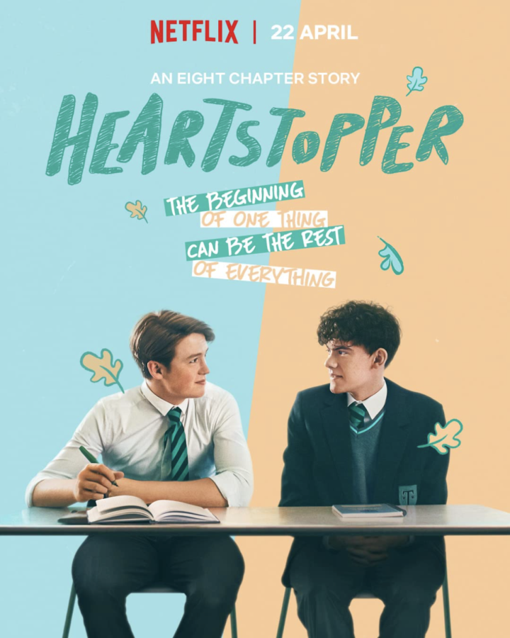 The movie poster for ‘Heartstopper’ features Nick Nelson and Charlie Spring looking into one another’s eyes as leaves flutter around them