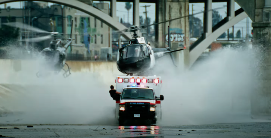 Scenes such as driving a hijacked ambulance into the Los Angeles River while being pursued by a helicopter take away from the reality of the film. Photo | Universal Pictures
