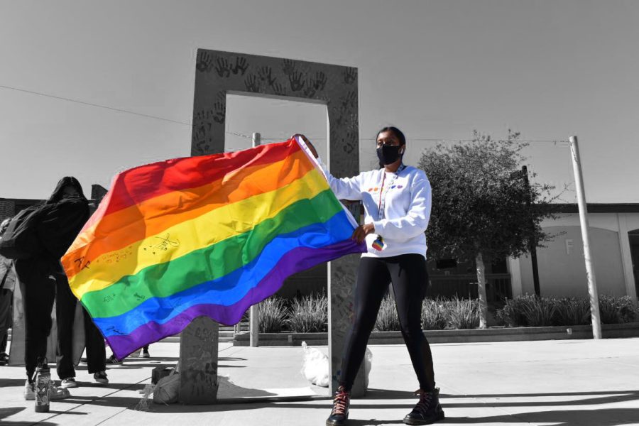 Senior Geeta Karlcut waves the pride flag on Nov. 11, National Coming Out Day.