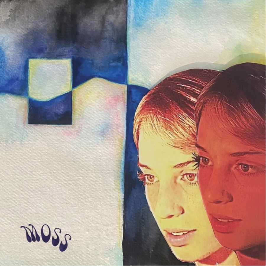 The “MOSS” album cover features Maya Hawke self-reflecting over a retro background. 