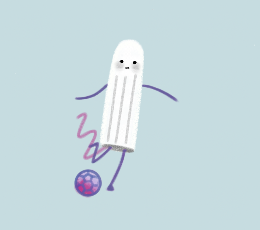 An illustrative graphic of a tampon kicking a soccor ball.