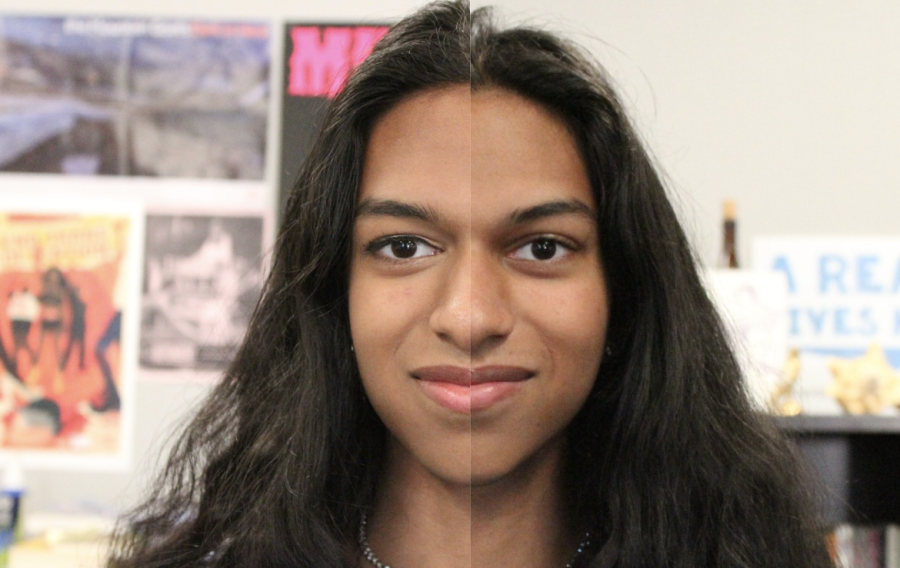 Junior Naomi Mhamunkar with and without a face of makeup, shown left and right respectively. 