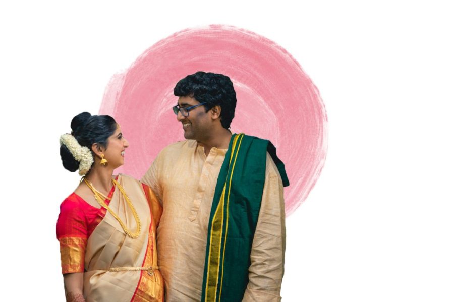 Raahul+Srinivasan+and+Sumita+Sami+laugh+at+each+other+during+a+photoshoot+on+their+wedding+day.