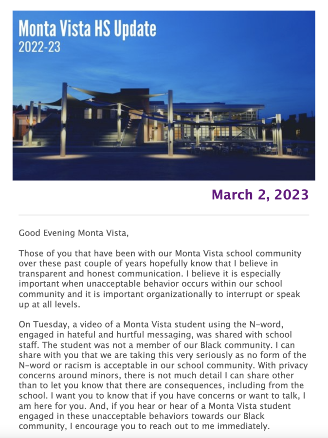MVHS principal Ben Clausnitzer sent an email to Monta Vista students and parents two days after a video of a student saying a racial slur circulated among staff members. 
