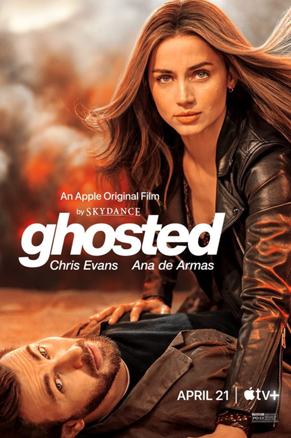 The Ghosted movie poster features Ana de Armas (playing Sadie Rhodes) on top of Chris Evans (playing Cole Turner) as an explosion takes place behind them.