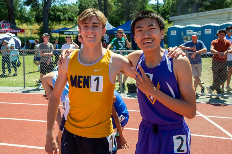 Denny Dong poses for a photo with Menlo School runner Justin Petre. Petre and Dong placed first and second respectively at the CCS semifinals 800 meter event. Photo courtesy of Denny Dong | Used with permission