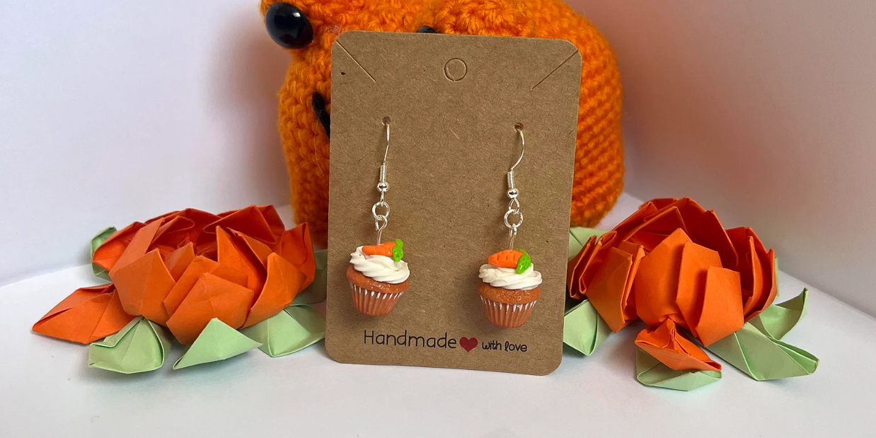 Carrot cupcake earrings from Madeleine Ischos Etsy shop @FunSizedStudio. Photo courtesy of Madeleine Ischo.