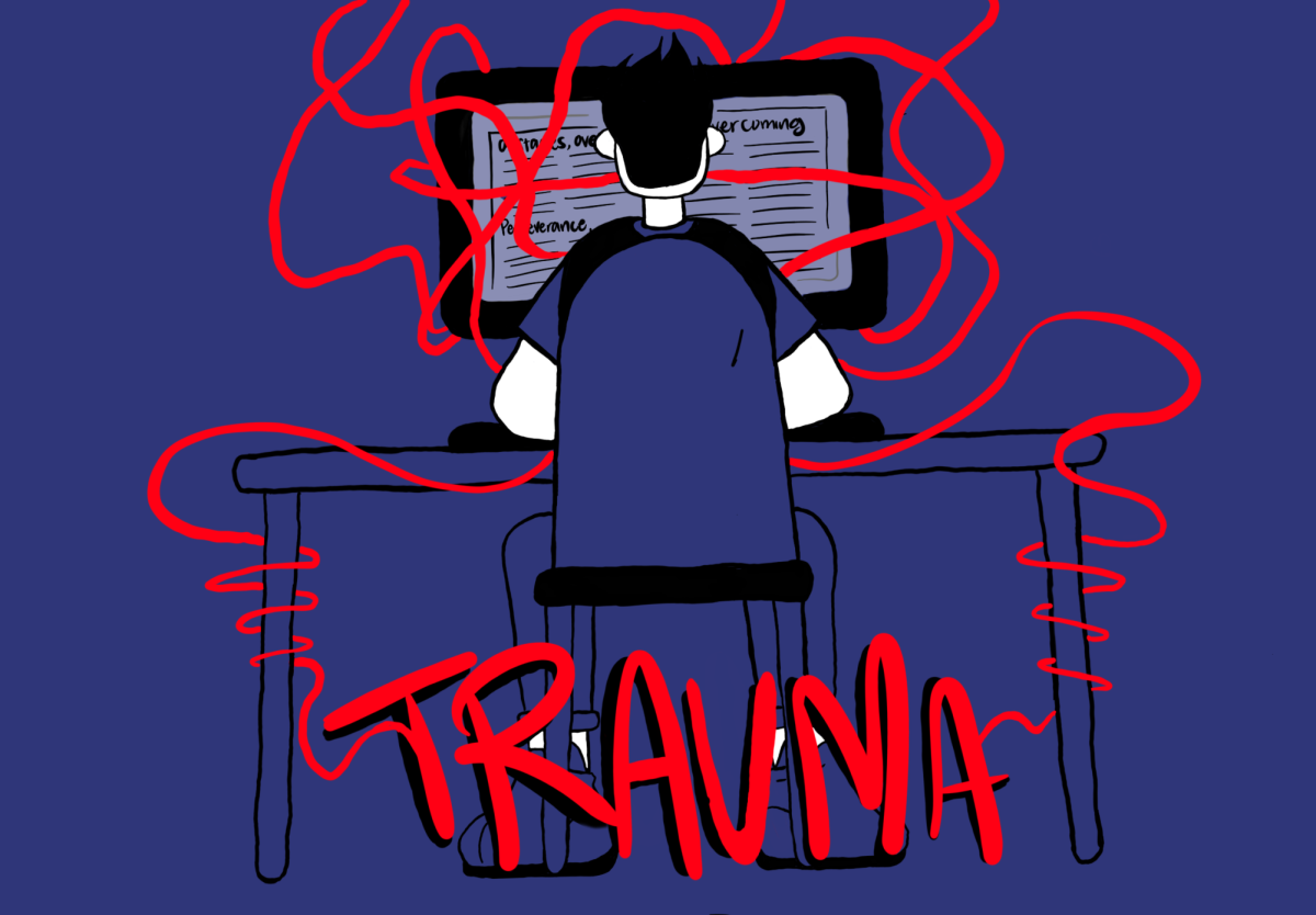 MVHS students may be inclined to write trauma essays in response to college essay prompts, creating a problematic mindset. Illustration by Kathryn Foo
