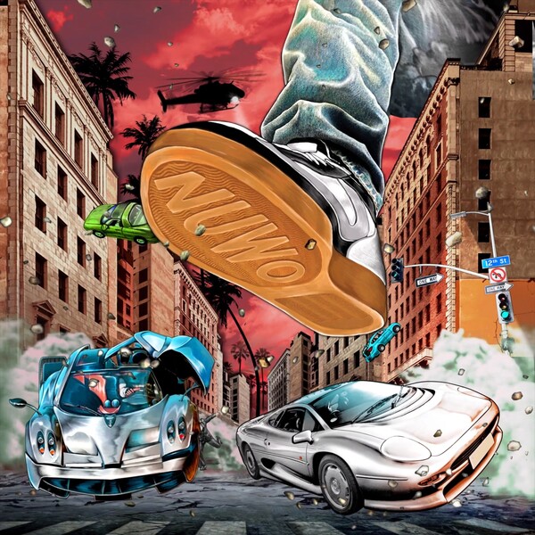 The Larger than Life album cover features a comic style depiction of a NUWO shoe, Faiyazs clothing brand, destructing a city. Photo courtesy of ISO SUPREMACY.