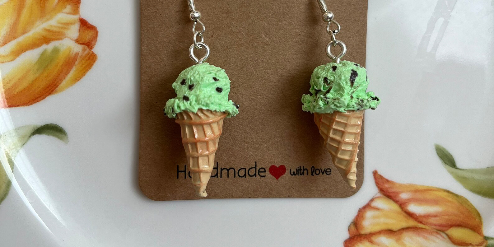 Mint chocolate chip ice cream earrings sold at Madeleine Ischos Etsy shop @FunSizedStudio. Photo courtesy of Madeleine Ischo.