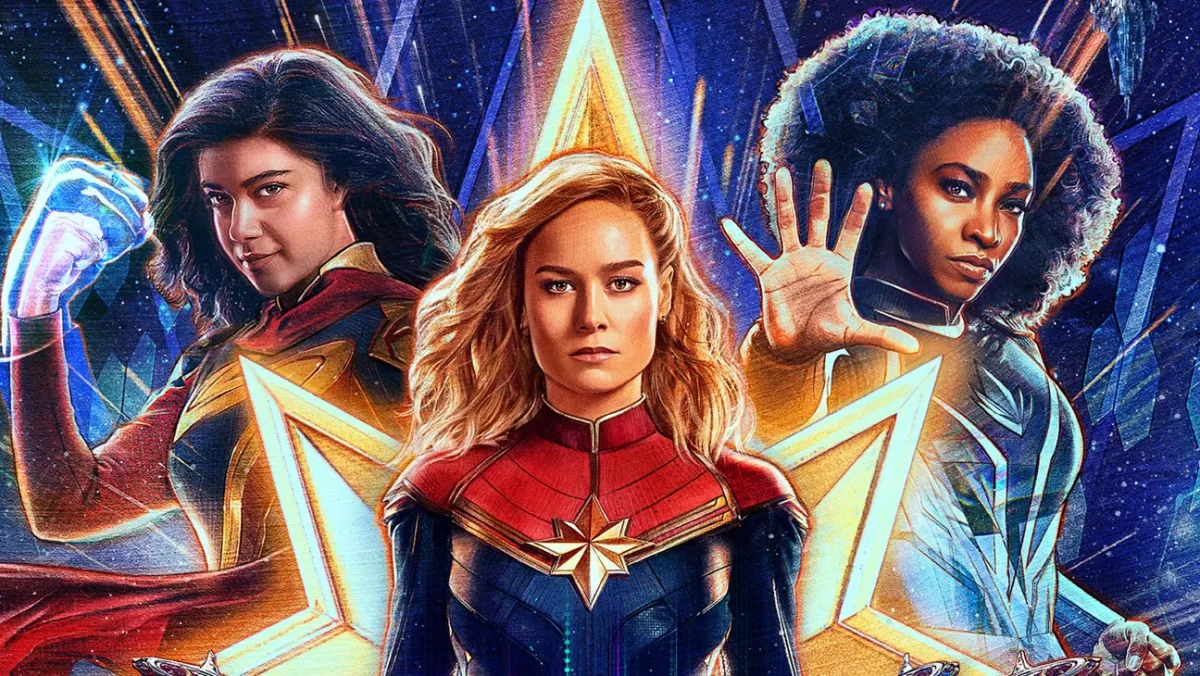 The featured poster of “The Marvels”, showcases the leading trio. Photo courtesy of Marvel Studios. Used with permission.