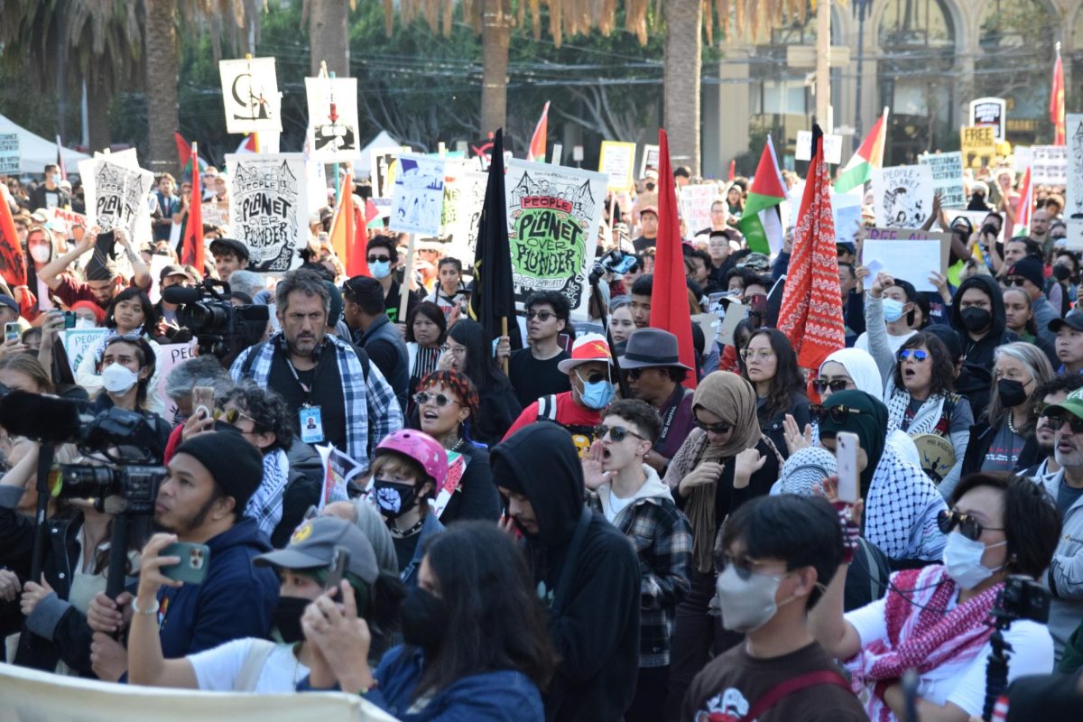 Protestors+gather+at+Harry+Bridges+Plaza%2C+San+Francisco+in+a+demonstration+against+the+APEC+convention.+
