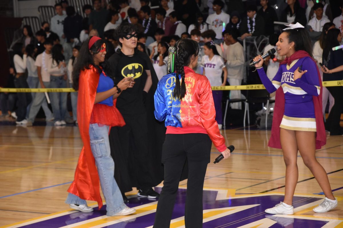 Students who performed in the skits wore superhero and villain costumes as part of the Dual Rallys theme.  