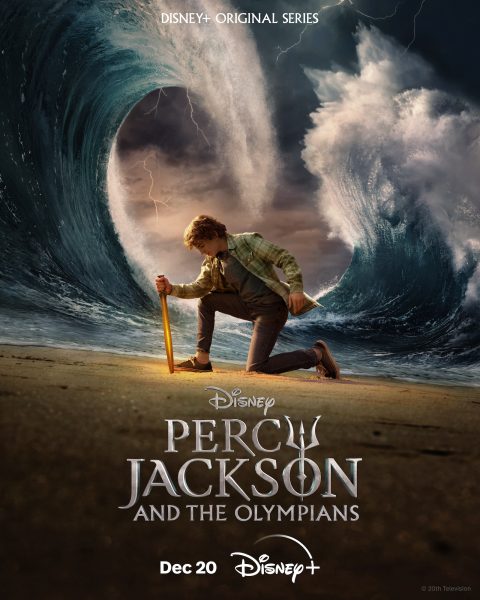 The poster for Percy Jackson and the Olympians features Walker Scobell (Percy Jackson) holding a sword as waves come crashing around him. Poster | Disney+
