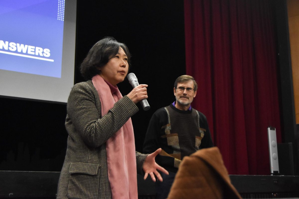 Trustees Rosa Kim and Jeff Moe answer questions from the audience regarding FUHSD’s transition to By-Trustee-Area elections at the Feb. 12 MVHS Informational Session.