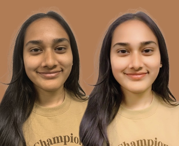 Abha Dash (12) was photographed before and after using a Snapchat beauty filter. The filter whitened not only her clothes and surroundings, but her facial features, as well.