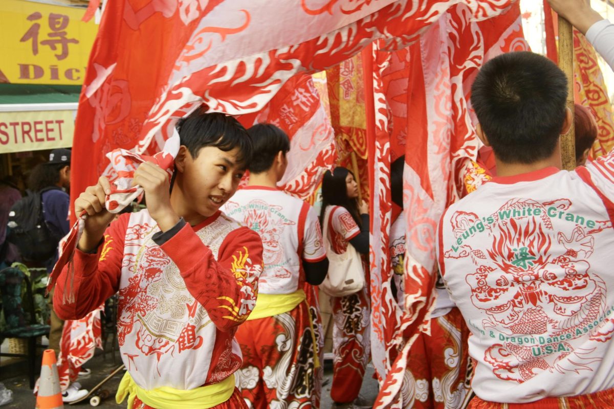 Members of Leung’s White Crane Lion and Dragon Dance Association U.S.A. bear red and white cultural flags in the Community Street Fair prior to the parade’s kickoff.