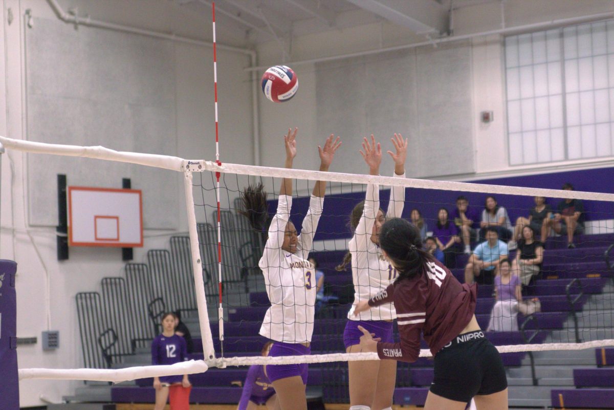 Juniors Leah Desai and Nicole Jeleva, outside and middle blocker respectively, leap up to block a spike. 