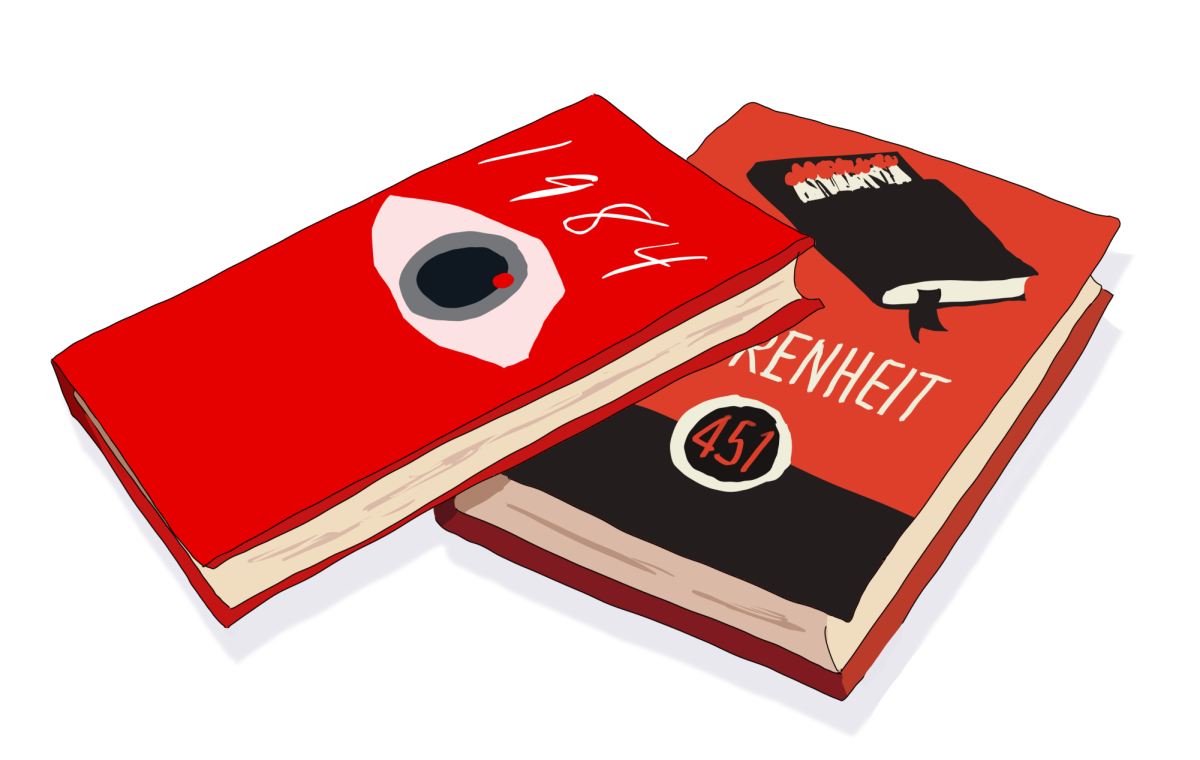 "1984" and "Fahrenheit 451" are two dystopian novels taught at MV. Illustration by Amberly Sun