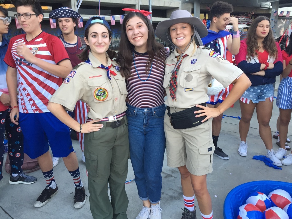 English teacher Rachel Cassar poses with her friends while dressed in a Boy Scouts uniform for a Homecoming dress-up spirit day. Photo courtesy of Rachel Cassar | Used with permission