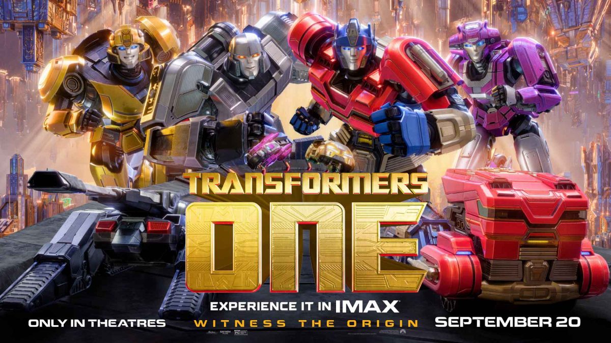 Main characters Orion Pax, D-16, Bumblebee and Elita of “Transformers One” pose on the movie poster, ready for battle