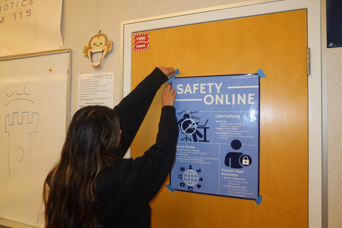 Junior Ria Sethi, founder of Cyber For Youth, hangs "Safety Online" posters in a classroom. Photo courtesy of Ria Sethi | Used with permission
