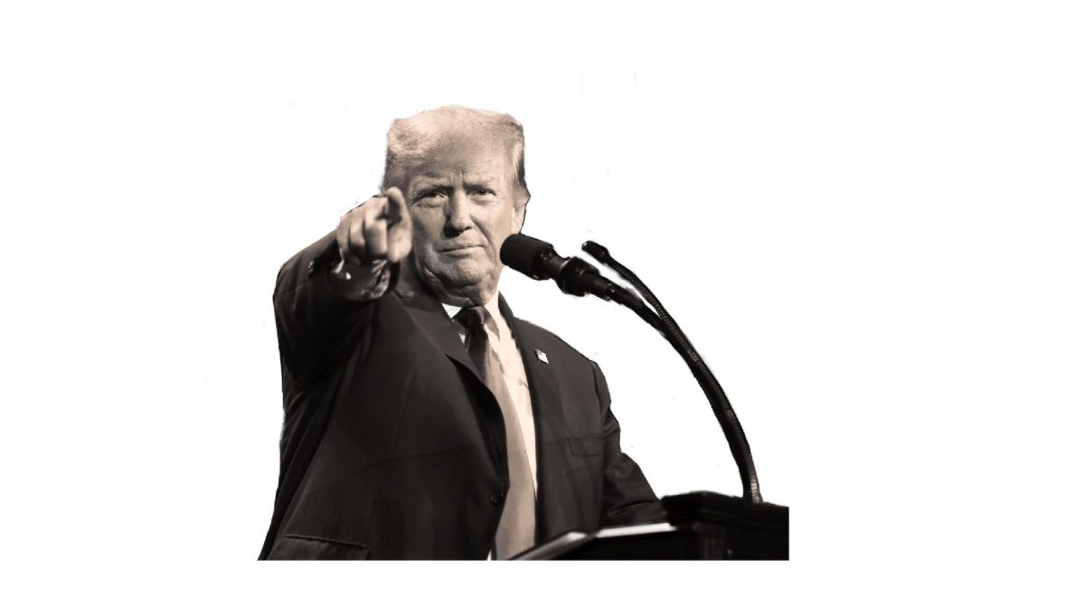 Former President Donald Trump points at the camera during a speech. Photo Illustration | Stella Petzova