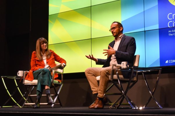 NBC investigative reporter Bigad Shaban and San Francisco State University Journalism Professor Laura Moorhead address high school journalism students from across the Bay Area.