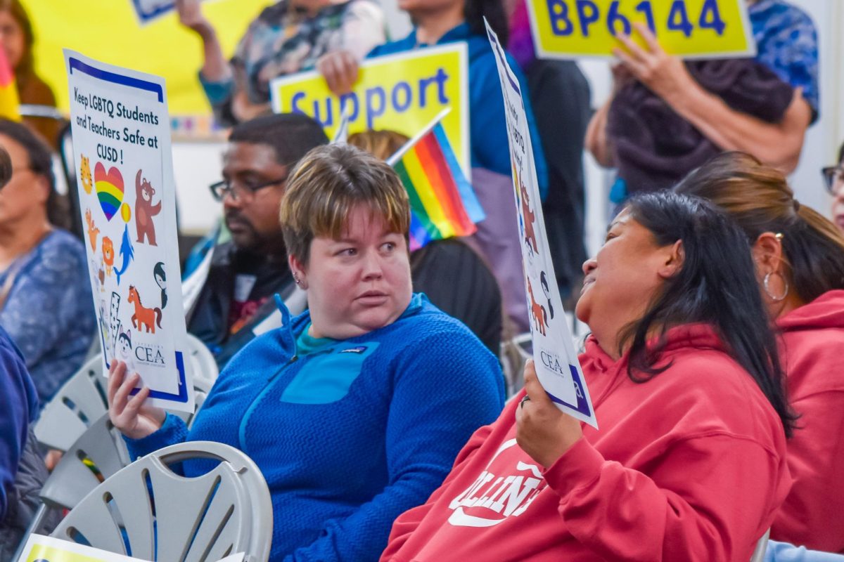 Teachers from the California Teachers Association attended the meeting in opposition to BP 6144. Many held pride flags and signs saying “Keep LGBTQ Students and Teachers Safe at CUSD!”

Photo | Sophia D’Sa