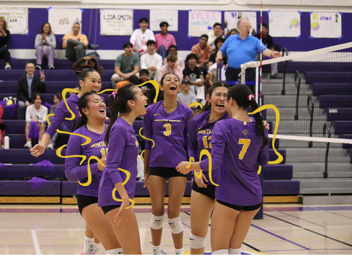 Senior Ashley Yang and her teammates celebrate together after scoring a point. Yang notes that spending time with her teammates during volleyball practices and games makes it easy to form friendships on the team. 