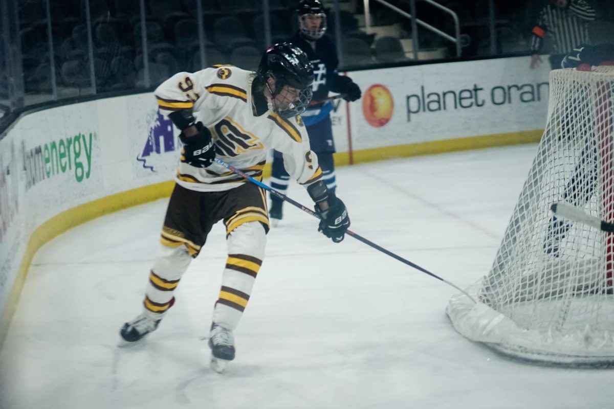 MVHS Freshman Duncan Ross reaches for the puck behind the net. Photo | Ethan Yang