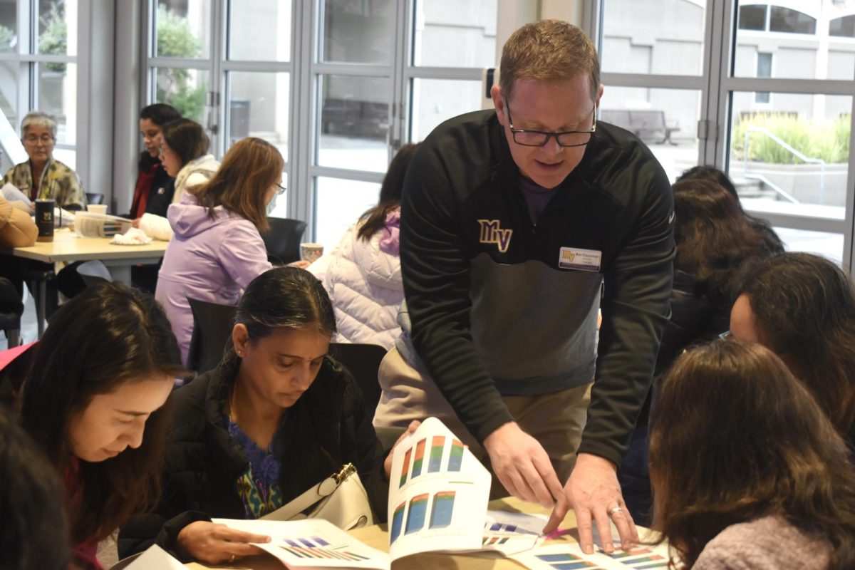 Principal Ben Clausnitzer explains the WASC goals to MVHS parents in a WASC goals PTSA reflection session. Photo | Melody Lin