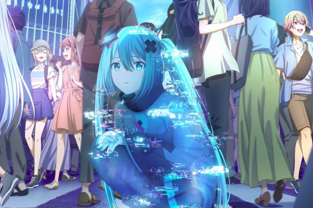 The protagonist Hatsune Miku appears on an electronic device among various citizens. Photo courtesy of P.A. Works