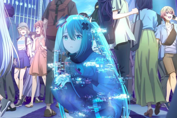 The protagonist Hatsune Miku appears on an electronic device among various citizens. Photo courtesy of P.A. Works