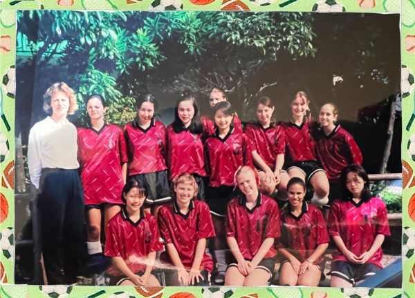 Journalism teacher Julia Satterthwaite (top right) poses with her high school volleyball team at Canadian Academy. Photo courtesy of Julia Satterthwaite | Used with permission | Photo illustration by Ellie Wang