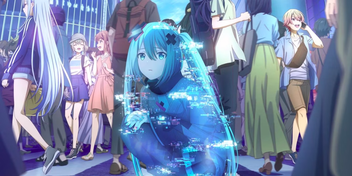 The protagonist Hatsune Miku appears on an electronic device among various citizens. Photo courtesy of P.A. Works
