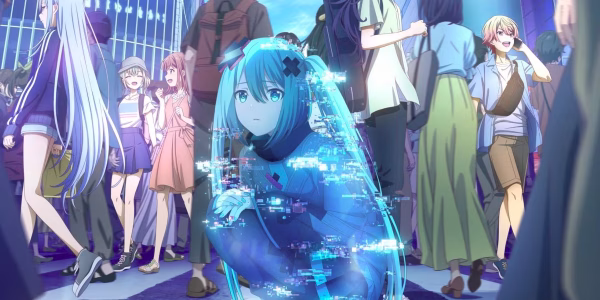 The protagonist Hatsune Miku appears on an electronic device among various citizens. Photo courtesy of P.A. Works
