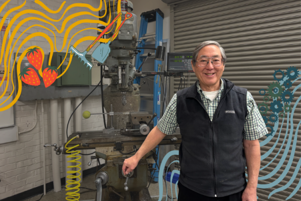Engineering teacher Ted Shinta poses next to a drill press in F108. Photo Illustration | Kathryn Foo