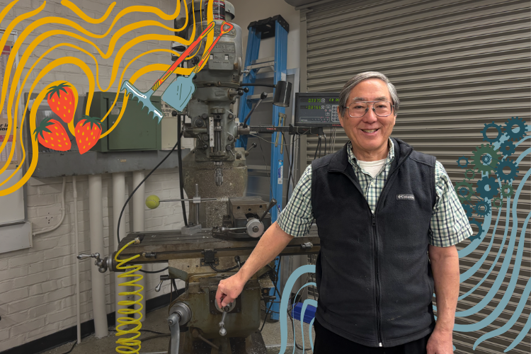 Engineering teacher Ted Shinta poses next to a drill press in F108. Photo Illustration | Kathryn Foo