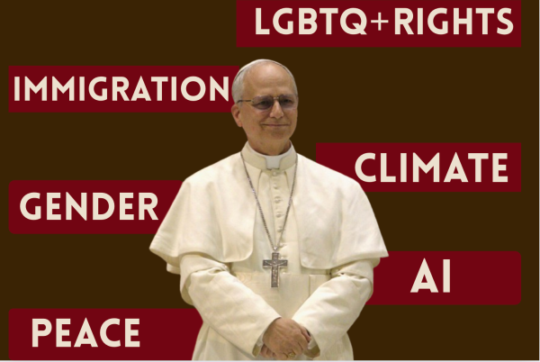 Pope Leo XIV surrounded by different issues that are relevant to the Catholic community. Photo Illustration | Aprameya Rupanagunta