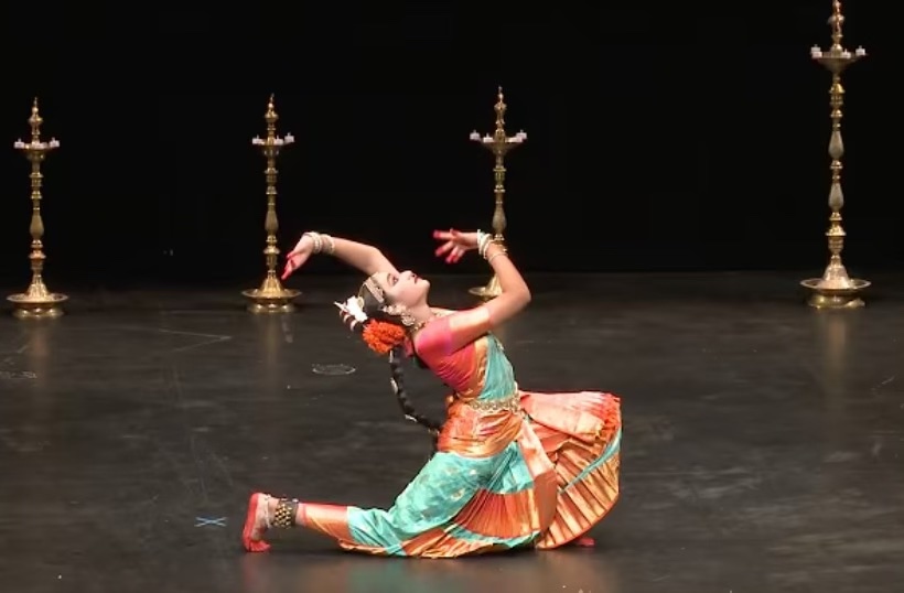 Pranavi poses in a final stance on stage at her Rangapravesam. Photo courtesy of Pranavi Annaluru | Used with permission