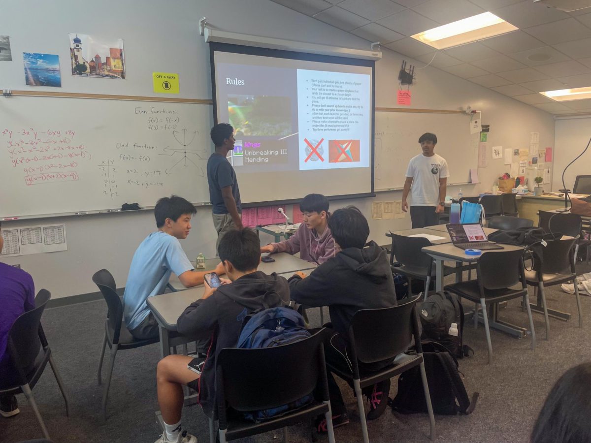Sophomores Krish Vimalkumar and Rohan Agarwal present the rules for the paper airplane competition organized by the Aerospace Engineering Club. Photo | Ritik Shenoy