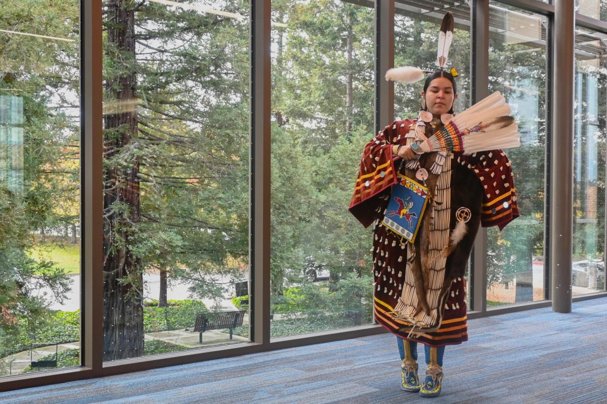 Dancer Neela Samayoa performs the Women’s Northern Traditional Dance, traditionally done while waiting for tribal warriors to return from battle. Photo | Meghna Dixit
