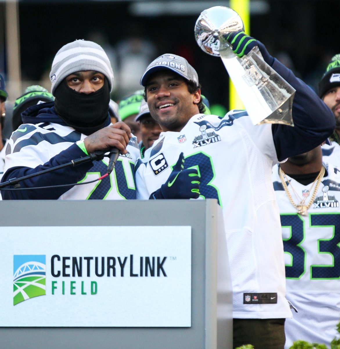 Seattle Seahawks running back celebrates at the Super Bowl parade with quarterback Russell Wilson after winning the 2014 Super Bowl. Photo  by Andrew Tat | Creative Commons BY-AS 2.0 