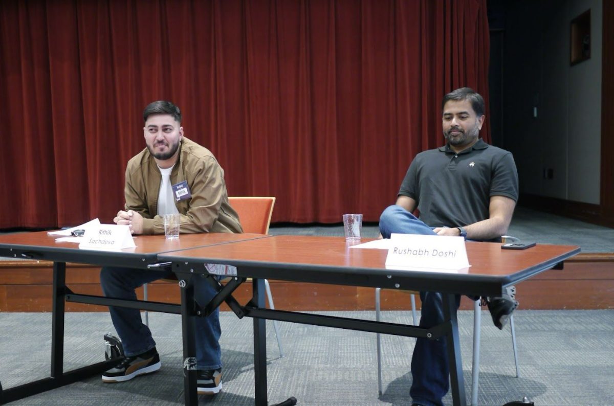 Rithik Sachdeva and Rushabh Doshi present about their journeys with tech careers. Photo | Vaishnavi Katukam 
