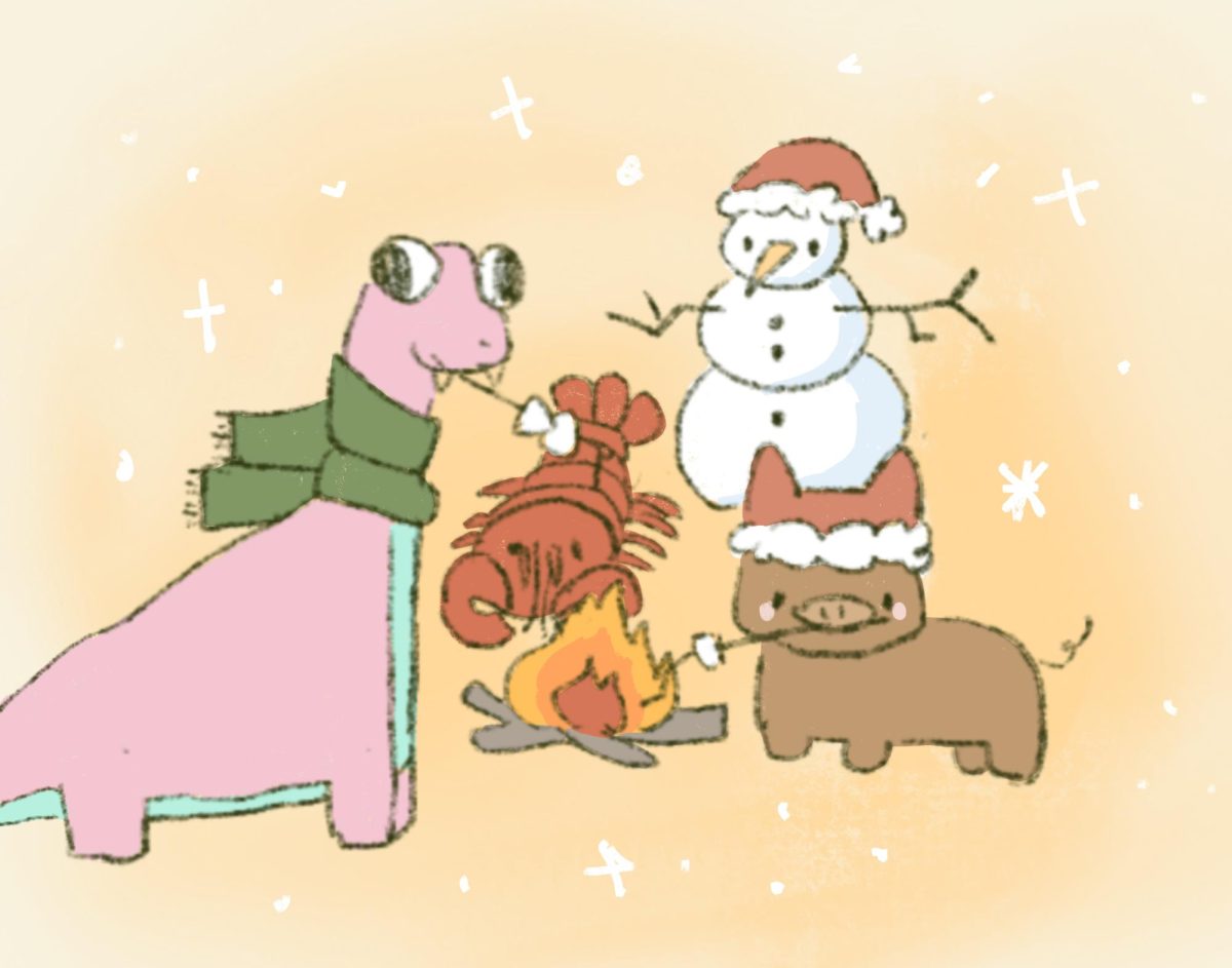 albert and his friends gather around the campfire to toast marshmallows. 