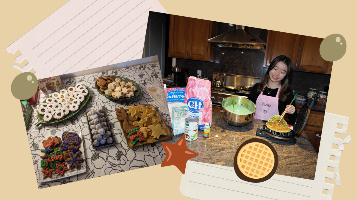 Senior Elspeth Luu poses with a bowl of batter for her Bánh kẹp lá dứa, or green waffles, a recipe she makes every Sunday. Below her, several trays of Bredele cookies sit out on display after French teacher Sarah Finck and her family baked them, a tradition they celebrate annually. Photos courtesy of Elspeth Luu and Sarah Finck | Used with permission. Photo illustration | Sana Karkhanis