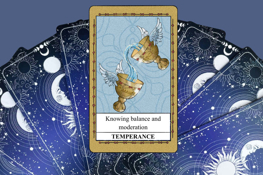 The Temperance tarot card represents self-moderation and balance between romantic partners. Graphics | Ellie Wang and Asha Wojciechowski