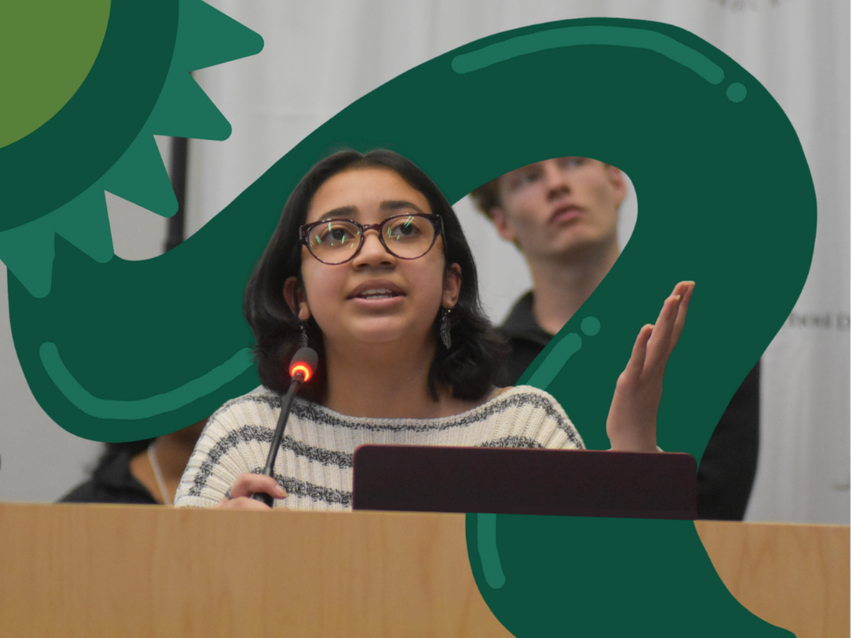 Senior and Cupertino High School site lead Ira Lele presents at Climate Collectives monthly meeting with volunteers, teachers, and administrators across the district on Monday, Feb. 24. At the FUHSD District office. Photo Illustration | Grishma Jain