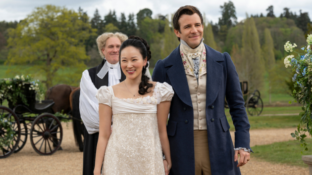 Sophie Baek (Yerin Ha) and Benedict Bridgerton (Luke Thompson) stand before family and friends at their wedding ceremony. Photo courtesy of Shondaland